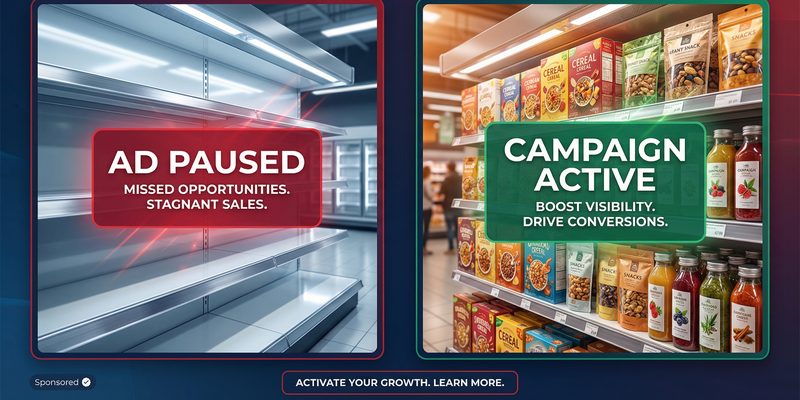 Comparación lado a lado: una góndola vacía con «Ad paused» frente a una góndola llena con «Campaign active»