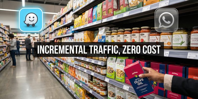 Creativo de campaña de Naboria que dice «Incremental traffic, zero cost» sobre el pasillo de un supermercado